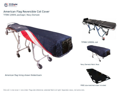 TITAN 1200XL cot package | American flag reversible cot cover | Navy Damask. Flag-side reference first and largest, selected fabric face at right, and free size-matched slider. One cot, one cover and one slider.