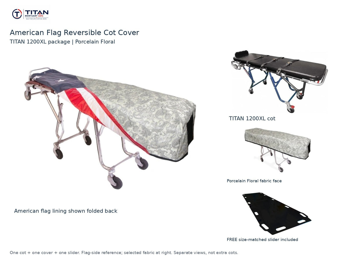 TITAN 1200XL cot package | American flag reversible cot cover | Porcelain Floral. Flag-side reference first and largest, selected fabric face at right, and free size-matched slider. One cot, one cover and one slider.