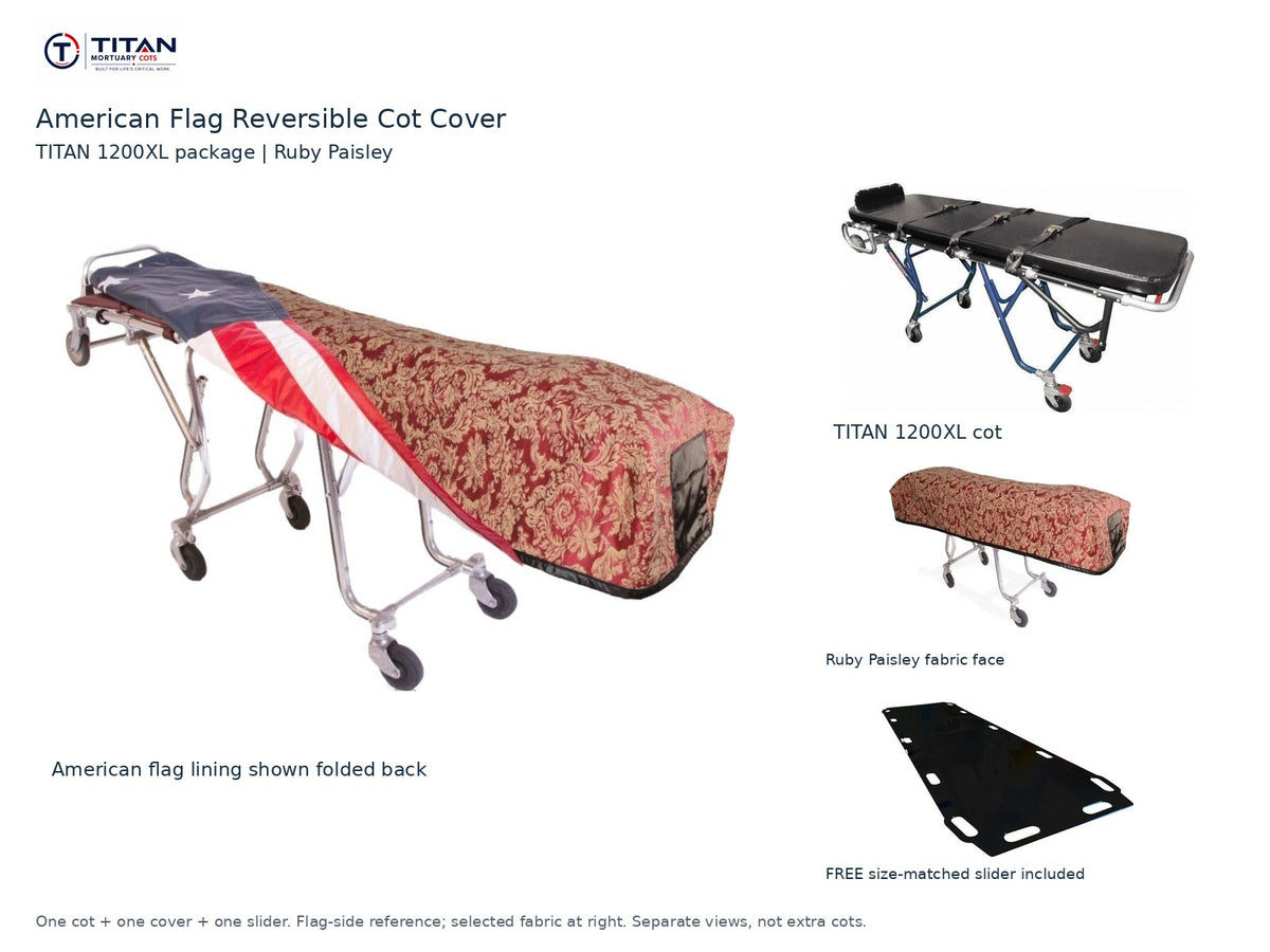 TITAN 1200XL cot package | American flag reversible cot cover | Ruby Paisley. Flag-side reference first and largest, selected fabric face at right, and free size-matched slider. One cot, one cover and one slider.
