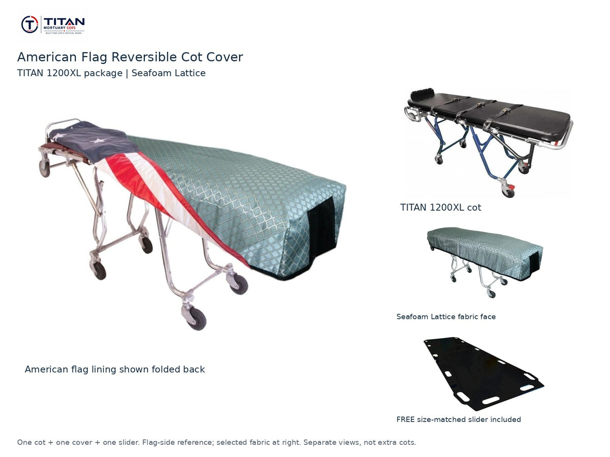 TITAN 1200XL cot package | American flag reversible cot cover | Seafoam Lattice. Flag-side reference first and largest, selected fabric face at right, and free size-matched slider. One cot, one cover and one slider.
