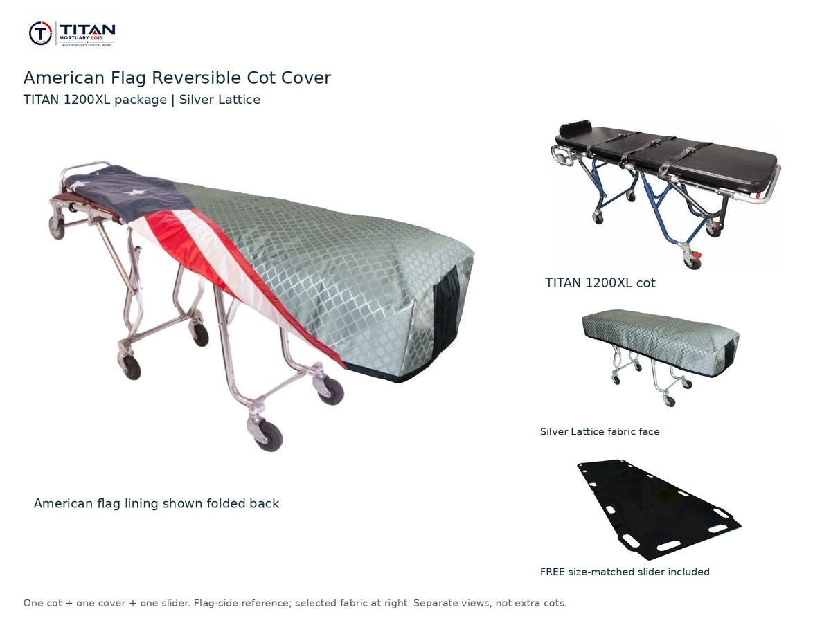 TITAN 1200XL cot package | American flag reversible cot cover | Silver Lattice. Flag-side reference first and largest, selected fabric face at right, and free size-matched slider. One cot, one cover and one slider.