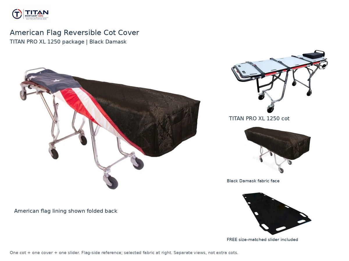 TITAN PRO XL 1250 cot package | American flag reversible cot cover | Black Damask. Flag-side reference first and largest, selected fabric face at right, and free size-matched slider. One cot, one cover and one slider.