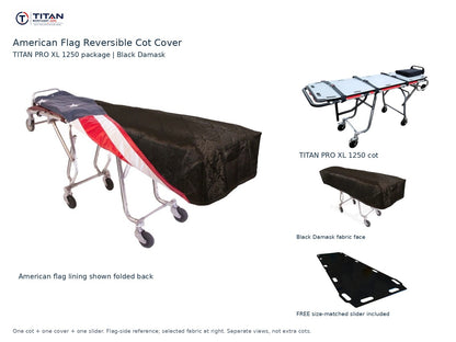 TITAN PRO XL 1250 cot package | American flag reversible cot cover | Black Damask. Flag-side reference first and largest, selected fabric face at right, and free size-matched slider. One cot, one cover and one slider.