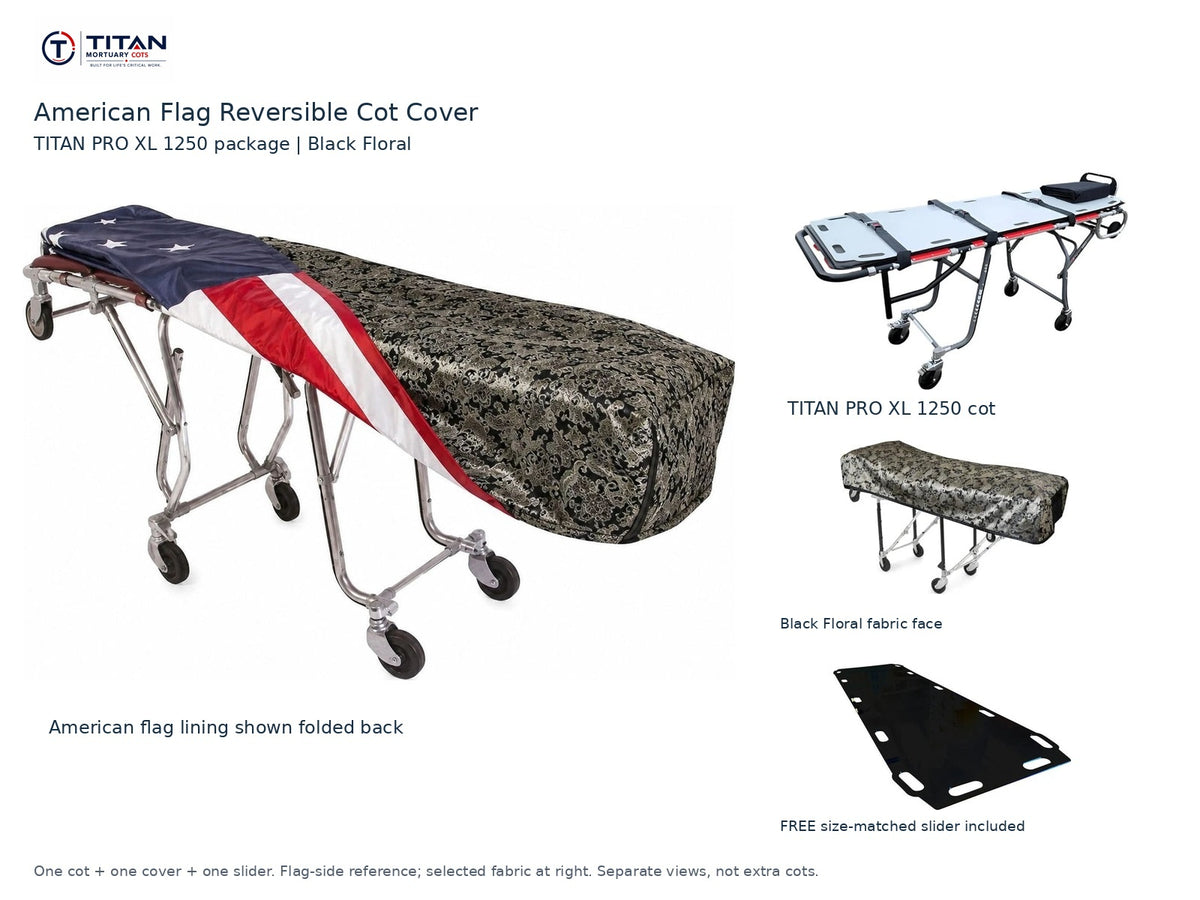 TITAN PRO XL 1250 cot package | American flag reversible cot cover | Black Floral. Flag-side reference first and largest, selected fabric face at right, and free size-matched slider. One cot, one cover and one slider.