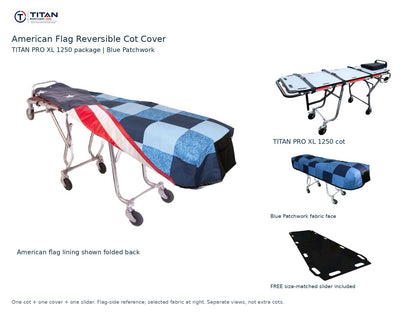 TITAN PRO XL 1250 cot package | American flag reversible cot cover | Blue Patchwork. Flag-side reference first and largest, selected fabric face at right, and free size-matched slider. One cot, one cover and one slider.