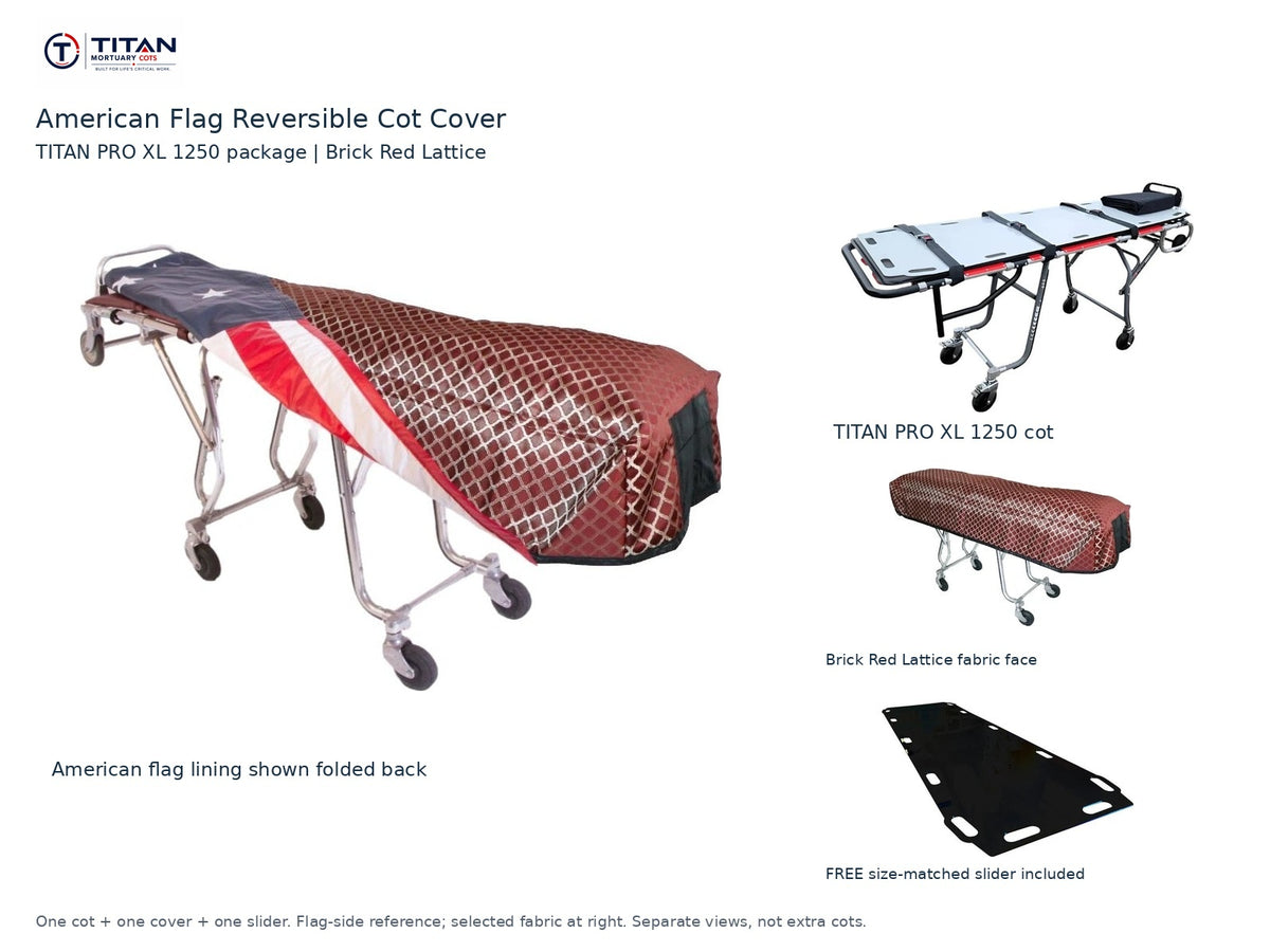 TITAN PRO XL 1250 cot package | American flag reversible cot cover | Brick Red Lattice. Flag-side reference first and largest, selected fabric face at right, and free size-matched slider. One cot, one cover and one slider.