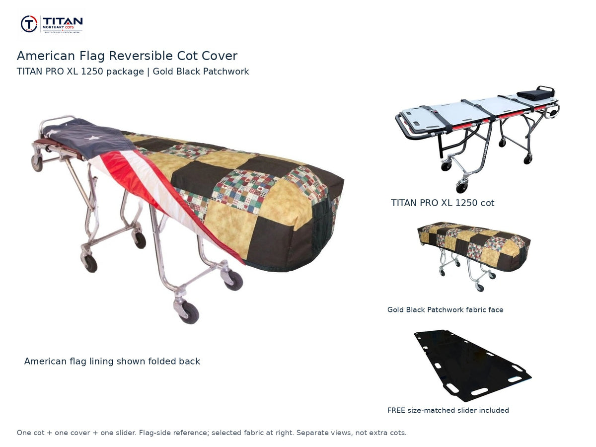 TITAN PRO XL 1250 cot package | American flag reversible cot cover | Gold Black Patchwork. Flag-side reference first and largest, selected fabric face at right, and free size-matched slider. One cot, one cover and one slider.
