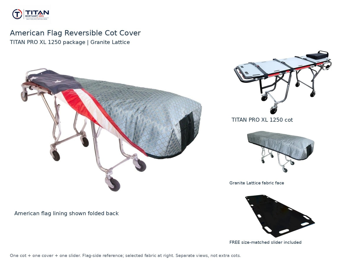 TITAN PRO XL 1250 cot package | American flag reversible cot cover | Granite Lattice. Flag-side reference first and largest, selected fabric face at right, and free size-matched slider. One cot, one cover and one slider.