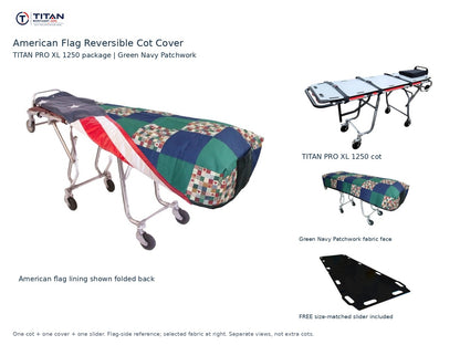 TITAN PRO XL 1250 cot package | American flag reversible cot cover | Green Navy Patchwork. Flag-side reference first and largest, selected fabric face at right, and free size-matched slider. One cot, one cover and one slider.