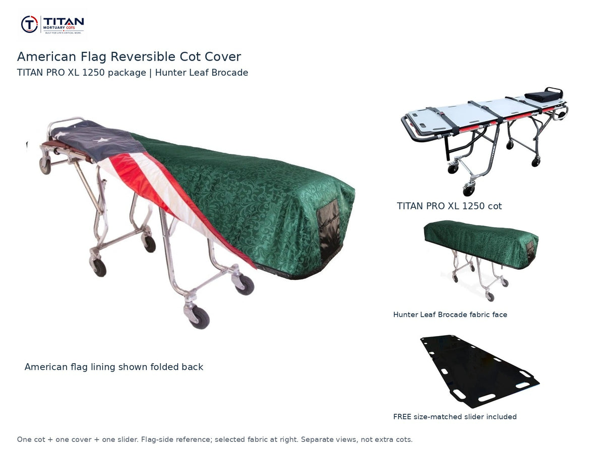 TITAN PRO XL 1250 cot package | American flag reversible cot cover | Hunter Leaf Brocade. Flag-side reference first and largest, selected fabric face at right, and free size-matched slider. One cot, one cover and one slider.