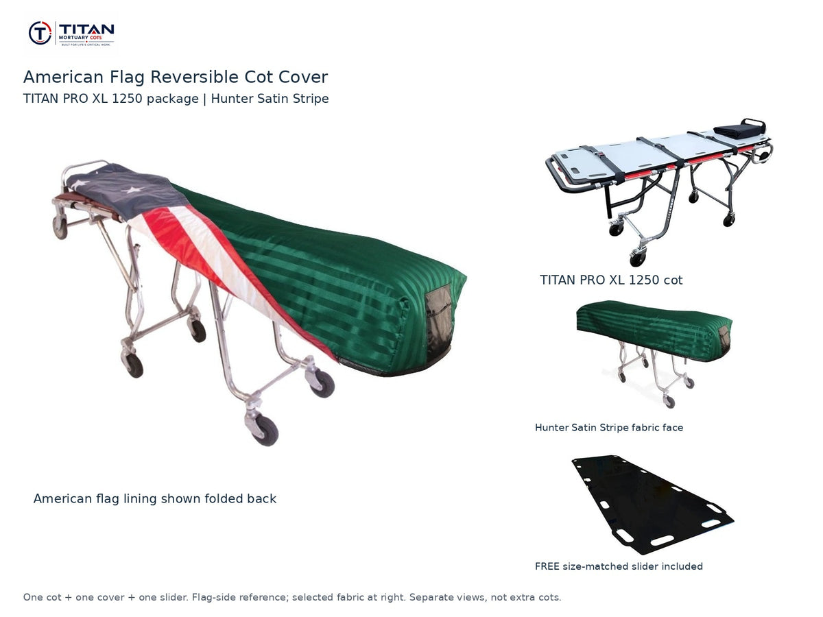 TITAN PRO XL 1250 cot package | American flag reversible cot cover | Hunter Satin Stripe. Flag-side reference first and largest, selected fabric face at right, and free size-matched slider. One cot, one cover and one slider.