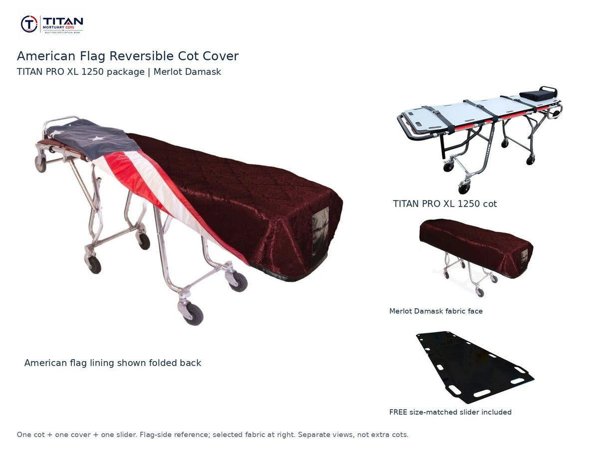 TITAN PRO XL 1250 cot package | American flag reversible cot cover | Merlot Damask. Flag-side reference first and largest, selected fabric face at right, and free size-matched slider. One cot, one cover and one slider.