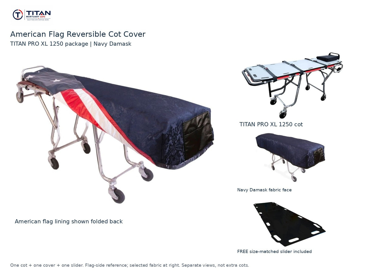 TITAN PRO XL 1250 cot package | American flag reversible cot cover | Navy Damask. Flag-side reference first and largest, selected fabric face at right, and free size-matched slider. One cot, one cover and one slider.