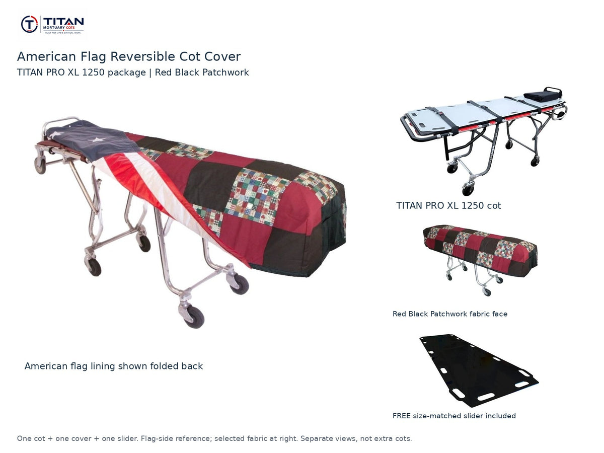 TITAN PRO XL 1250 cot package | American flag reversible cot cover | Red Black Patchwork. Flag-side reference first and largest, selected fabric face at right, and free size-matched slider. One cot, one cover and one slider.