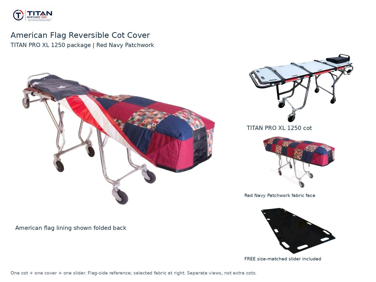TITAN PRO XL 1250 cot package | American flag reversible cot cover | Red Navy Patchwork. Flag-side reference first and largest, selected fabric face at right, and free size-matched slider. One cot, one cover and one slider.