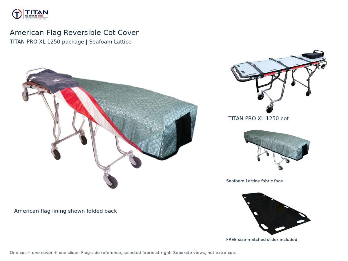 TITAN PRO XL 1250 cot package | American flag reversible cot cover | Seafoam Lattice. Flag-side reference first and largest, selected fabric face at right, and free size-matched slider. One cot, one cover and one slider.