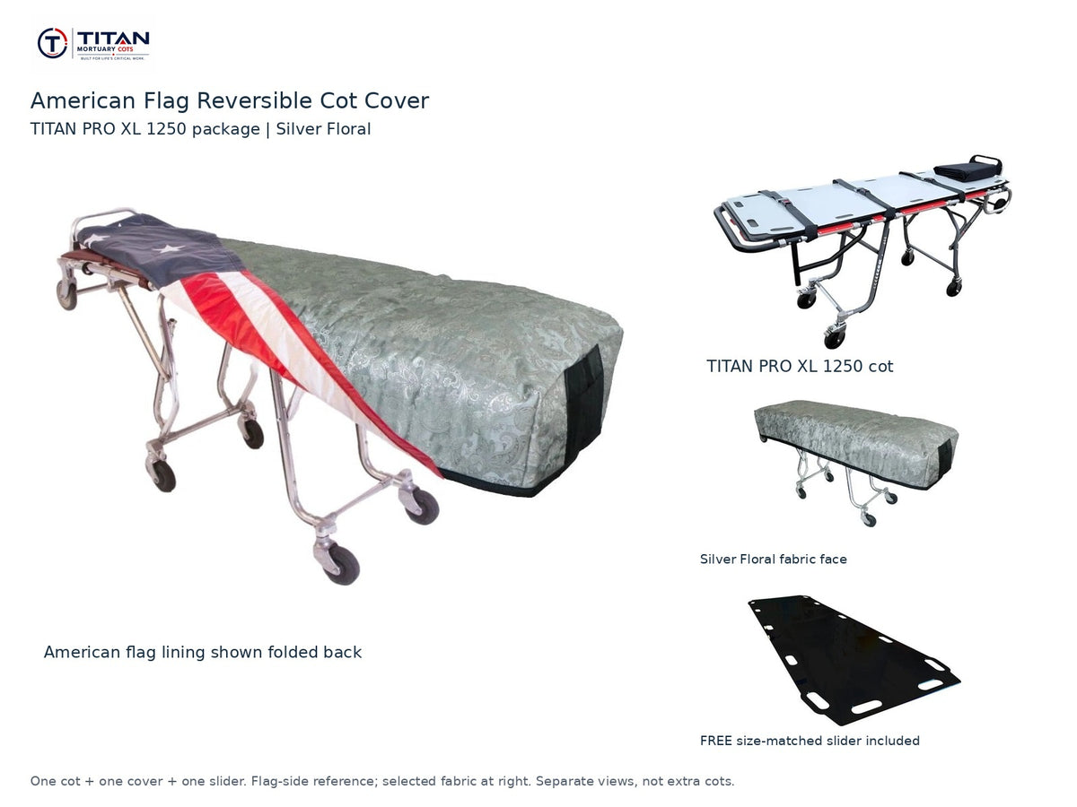 TITAN PRO XL 1250 cot package | American flag reversible cot cover | Silver Floral. Flag-side reference first and largest, selected fabric face at right, and free size-matched slider. One cot, one cover and one slider.