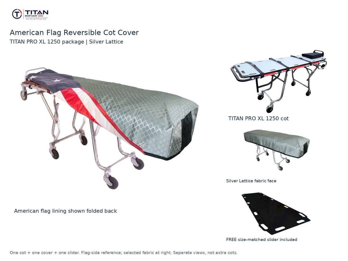 TITAN PRO XL 1250 cot package | American flag reversible cot cover | Silver Lattice. Flag-side reference first and largest, selected fabric face at right, and free size-matched slider. One cot, one cover and one slider.