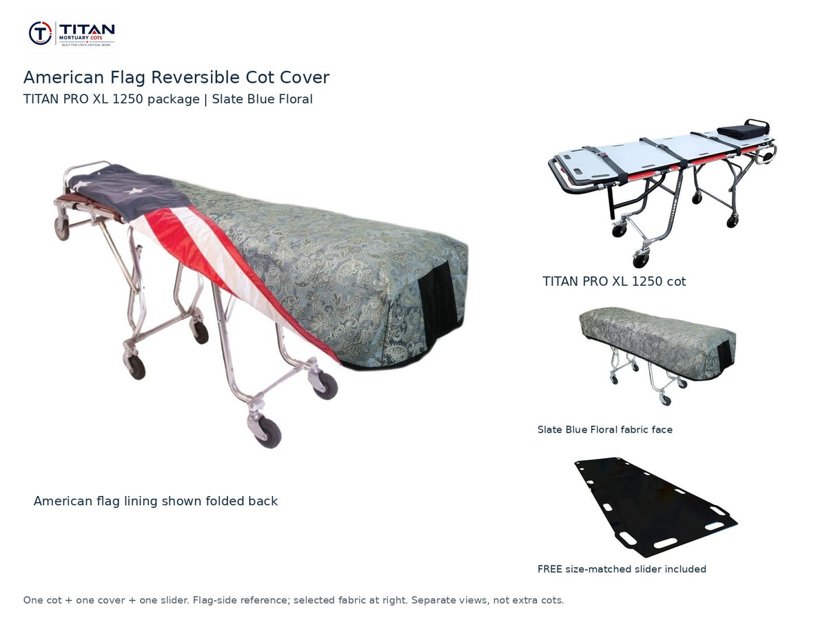 TITAN PRO XL 1250 cot package | American flag reversible cot cover | Slate Blue Floral. Flag-side reference first and largest, selected fabric face at right, and free size-matched slider. One cot, one cover and one slider.