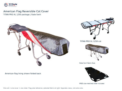 TITAN PRO XL 1250 cot package | American flag reversible cot cover | Slate Swirl. Flag-side reference first and largest, selected fabric face at right, and free size-matched slider. One cot, one cover and one slider.