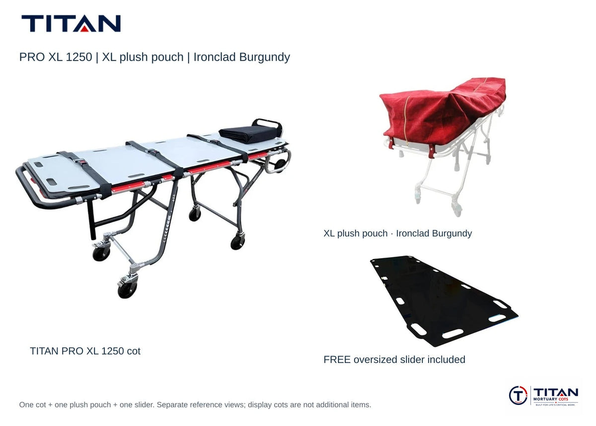 TITAN PRO XL 1250 package, Ironclad Burgundy: selected XL plush pouch shown, plus included free oversized slider board. One cot supplied; separate reference views.