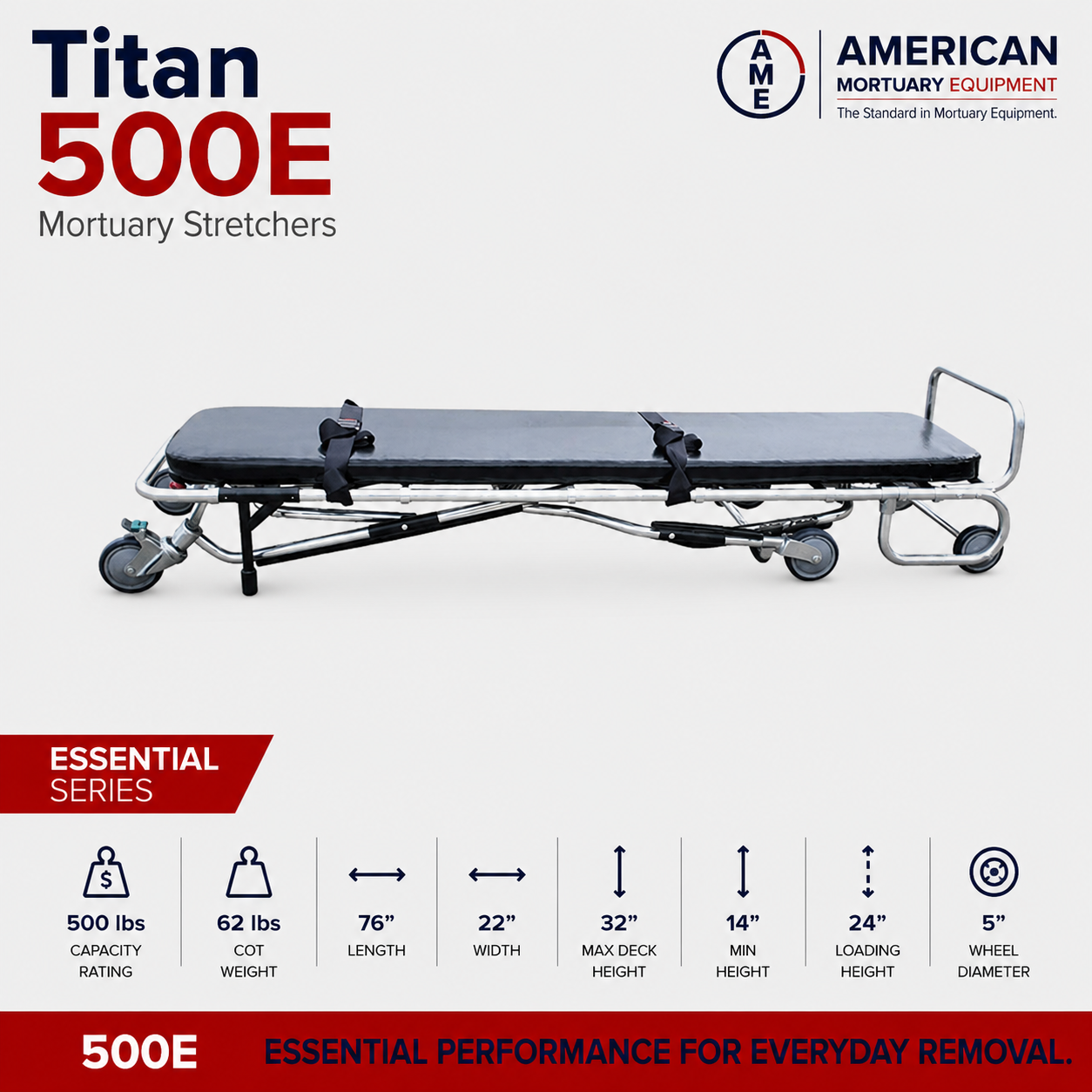 TITAN 500E mortuary cot in collapsed low position for storage and van loading