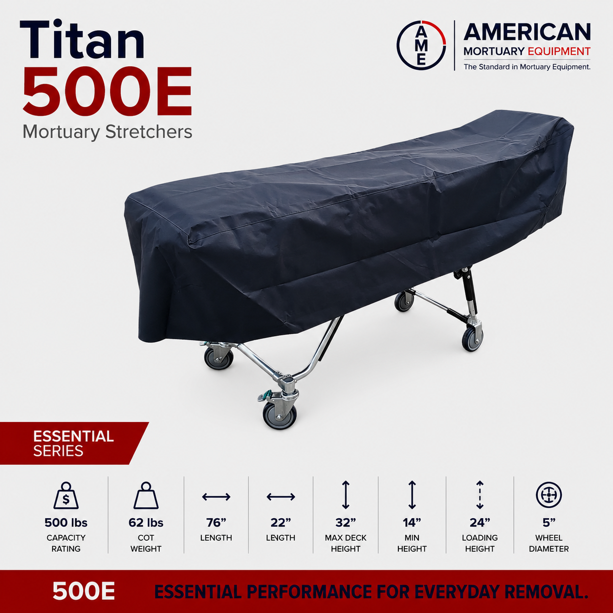 TITAN 500E mortuary cot with fitted black cot cover for first call removal service