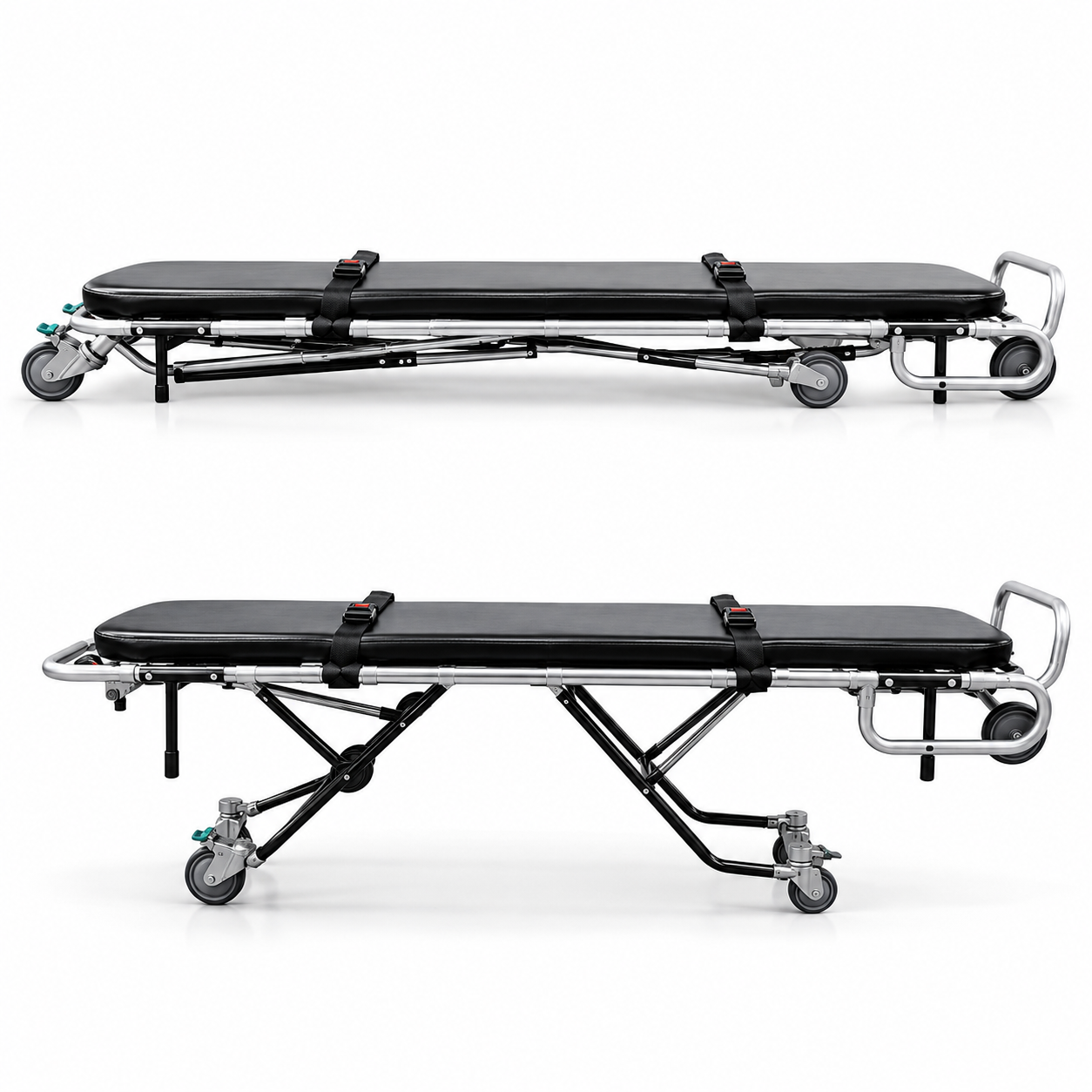 TITAN 500E standard mortuary cot folded flat in collapsed position for compact storage and transport