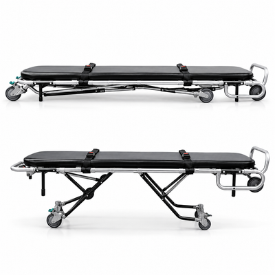 TITAN 500E standard mortuary cot folded flat in collapsed position for compact storage and transport | American Mortuary Equipment