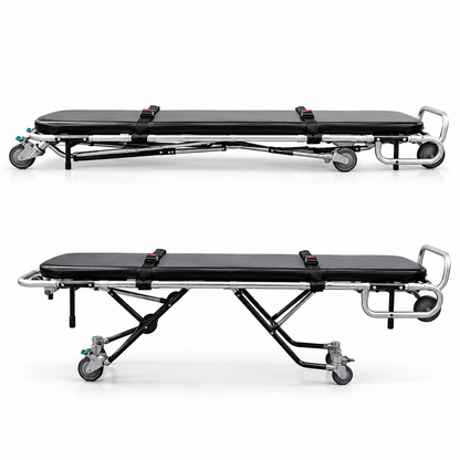 TITAN 500E standard mortuary cot folded flat in collapsed position for compact storage and transport
