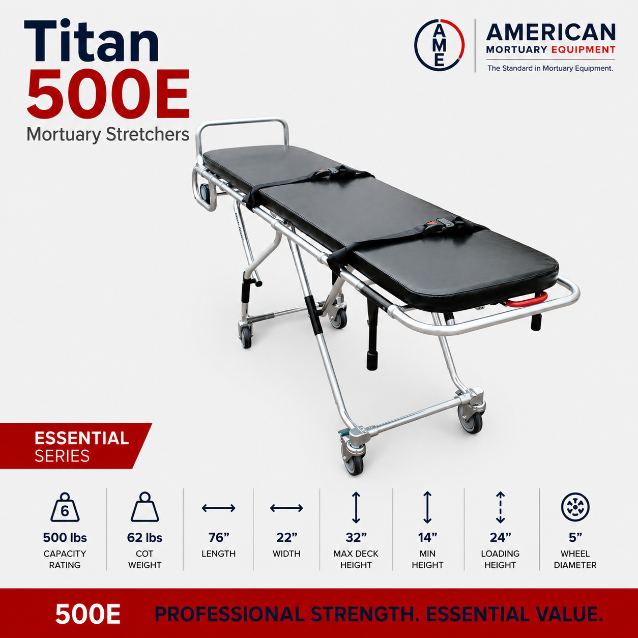 TITAN 500E multi-level mortuary cot, 4-level height adjustment first call funeral stretcher