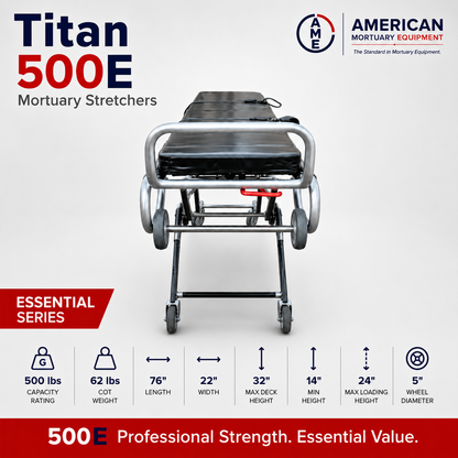 TITAN 500E standard mortuary cot side profile, 550 lb first call removal stretcher