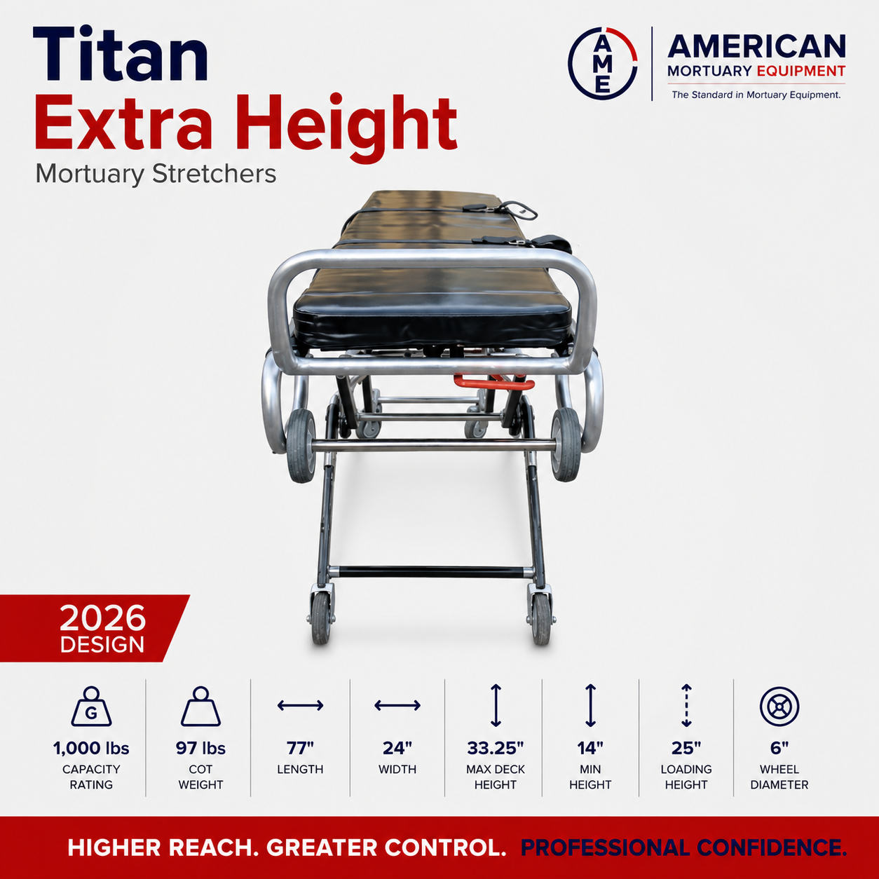 TITAN 500T high-loading funeral cot, 32-inch load height first call removal stretcher by American Mortuary Equipment