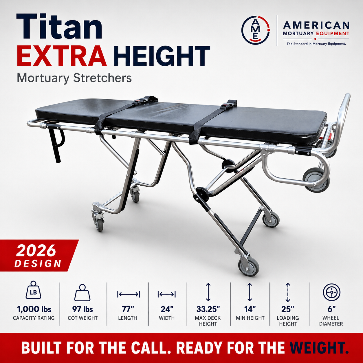 TITAN 500T high-loading mortuary cot for full-size SUVs and vans, 600 lb cadaver first call stretcher