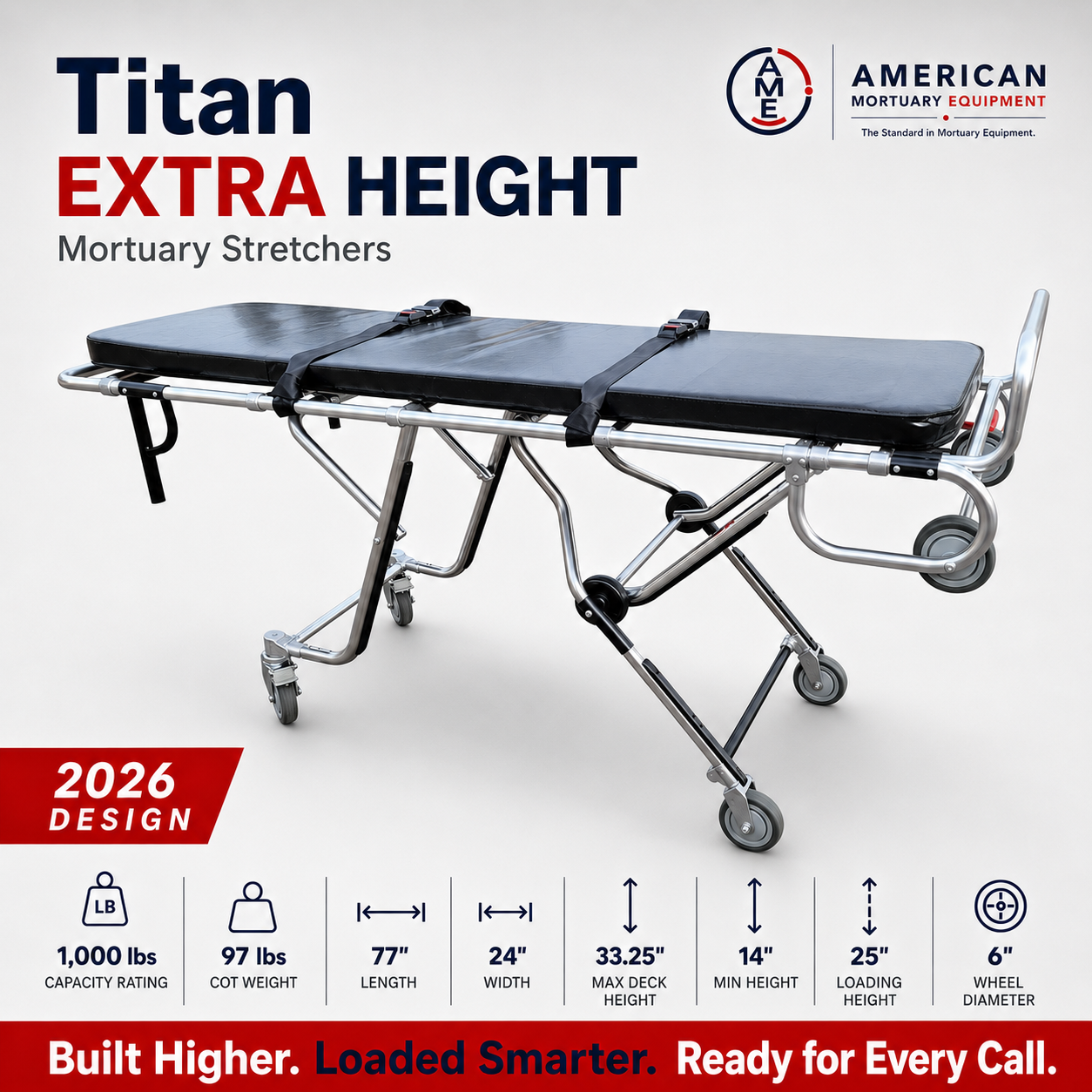 TITAN 500T high-loading mortuary cot loading into a full-size SUV, 600 lb one-person first call stretcher