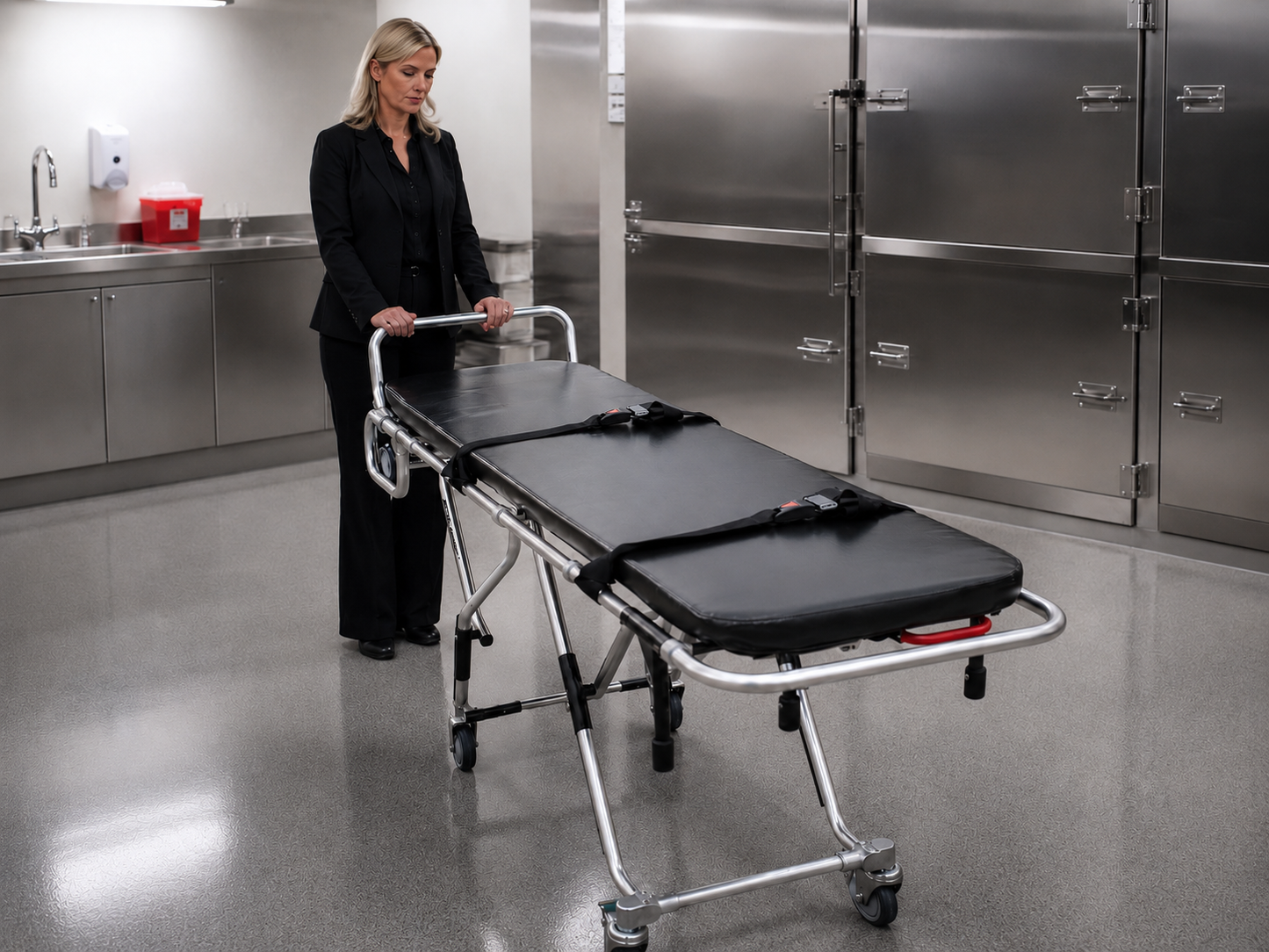 TITAN 500T high-loading mortuary cot shown with a funeral professional for scale