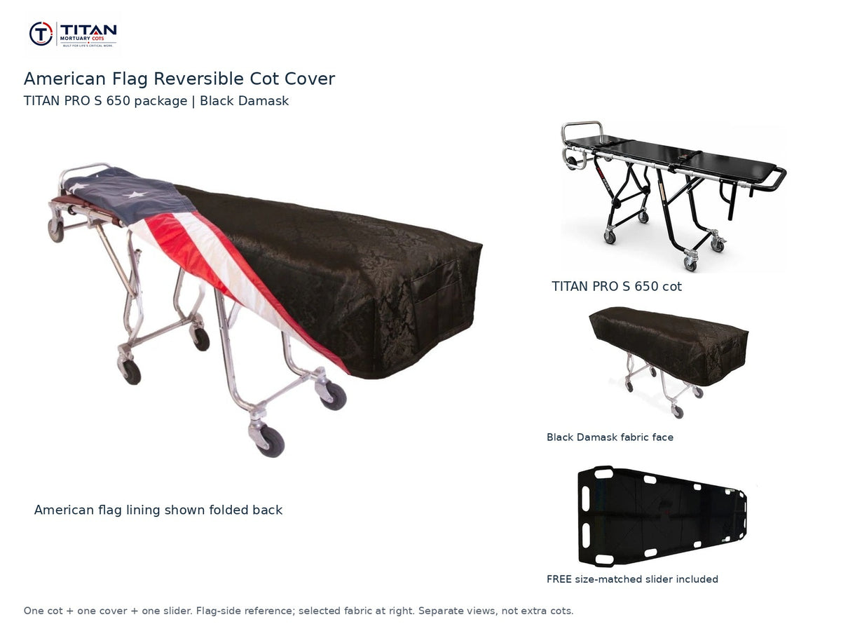 TITAN PRO S 650 cot package | American flag reversible cot cover | Black Damask. Flag-side reference first and largest, selected fabric face at right, and free size-matched slider. One cot, one cover and one slider.