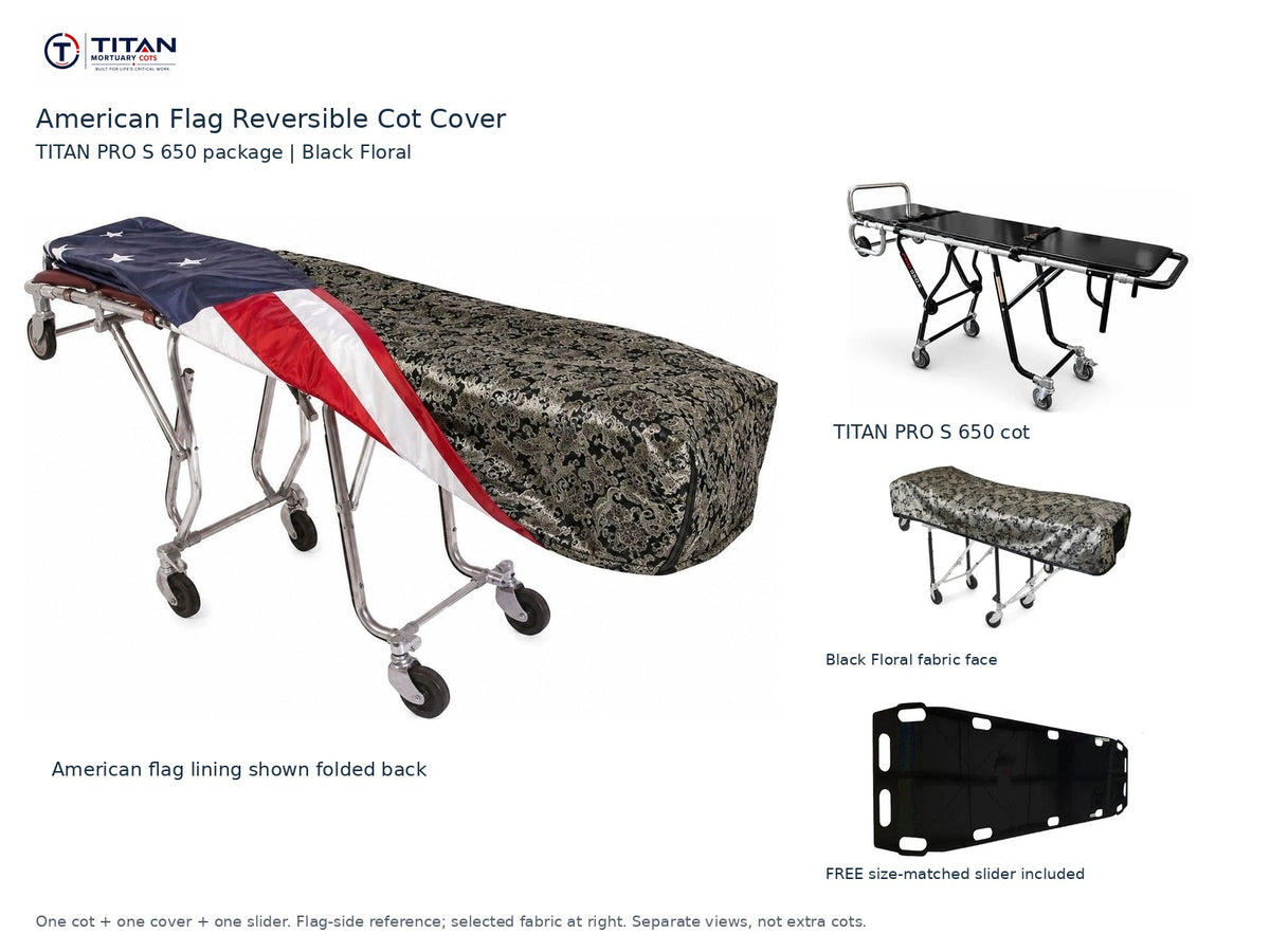 TITAN PRO S 650 cot package | American flag reversible cot cover | Black Floral. Flag-side reference first and largest, selected fabric face at right, and free size-matched slider. One cot, one cover and one slider.