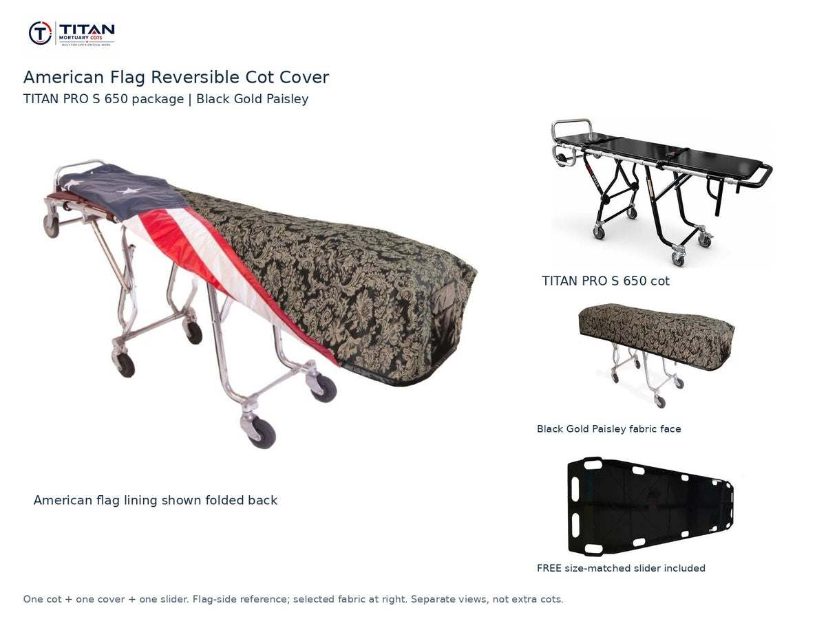 TITAN PRO S 650 cot package | American flag reversible cot cover | Black Gold Paisley. Flag-side reference first and largest, selected fabric face at right, and free size-matched slider. One cot, one cover and one slider.