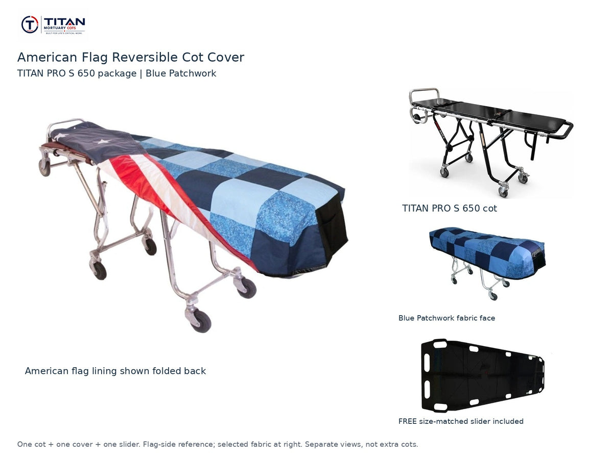 TITAN PRO S 650 cot package | American flag reversible cot cover | Blue Patchwork. Flag-side reference first and largest, selected fabric face at right, and free size-matched slider. One cot, one cover and one slider.