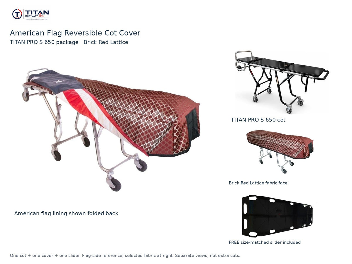 TITAN PRO S 650 cot package | American flag reversible cot cover | Brick Red Lattice. Flag-side reference first and largest, selected fabric face at right, and free size-matched slider. One cot, one cover and one slider.