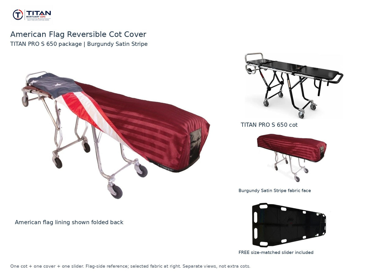 TITAN PRO S 650 cot package | American flag reversible cot cover | Burgundy Satin Stripe. Flag-side reference first and largest, selected fabric face at right, and free size-matched slider. One cot, one cover and one slider.