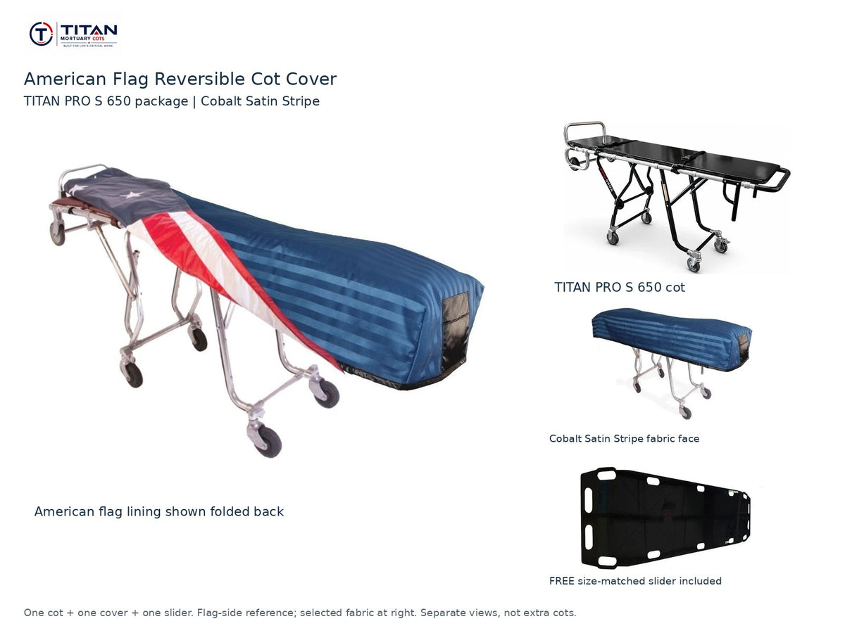 TITAN PRO S 650 cot package | American flag reversible cot cover | Cobalt Satin Stripe. Flag-side reference first and largest, selected fabric face at right, and free size-matched slider. One cot, one cover and one slider.