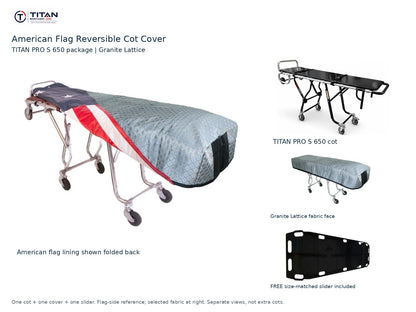 TITAN PRO S 650 cot package | American flag reversible cot cover | Granite Lattice. Flag-side reference first and largest, selected fabric face at right, and free size-matched slider. One cot, one cover and one slider.