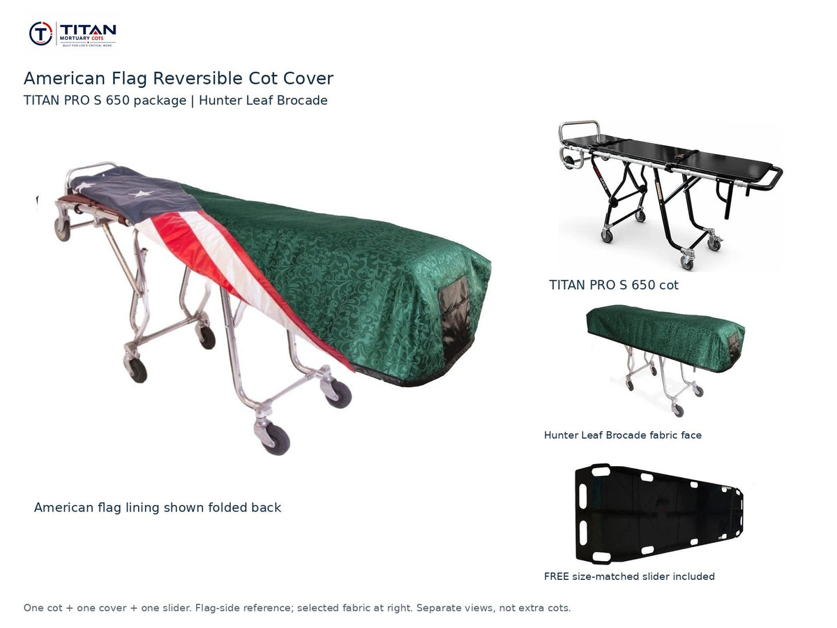 TITAN PRO S 650 cot package | American flag reversible cot cover | Hunter Leaf Brocade. Flag-side reference first and largest, selected fabric face at right, and free size-matched slider. One cot, one cover and one slider.