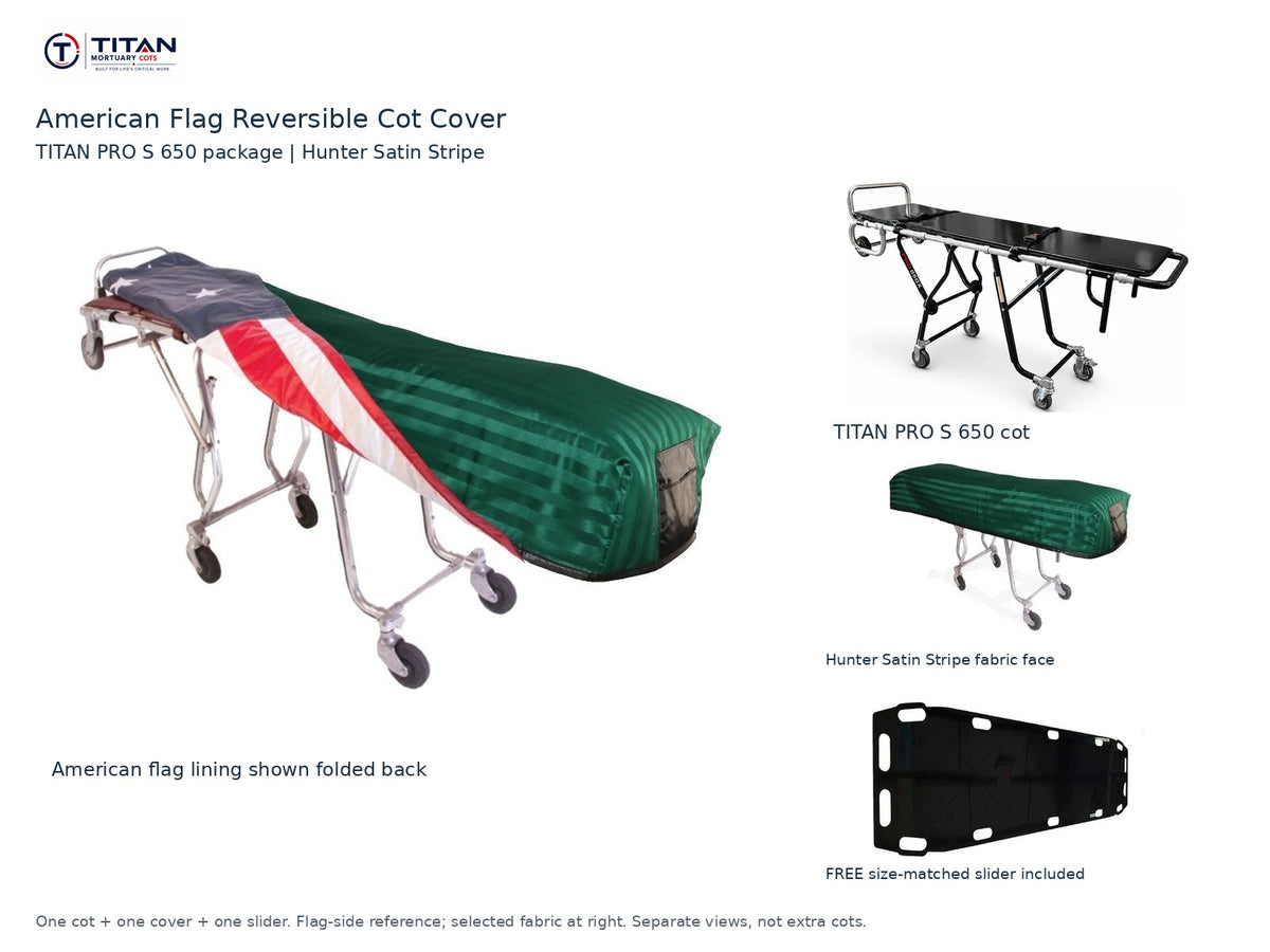 TITAN PRO S 650 cot package | American flag reversible cot cover | Hunter Satin Stripe. Flag-side reference first and largest, selected fabric face at right, and free size-matched slider. One cot, one cover and one slider.