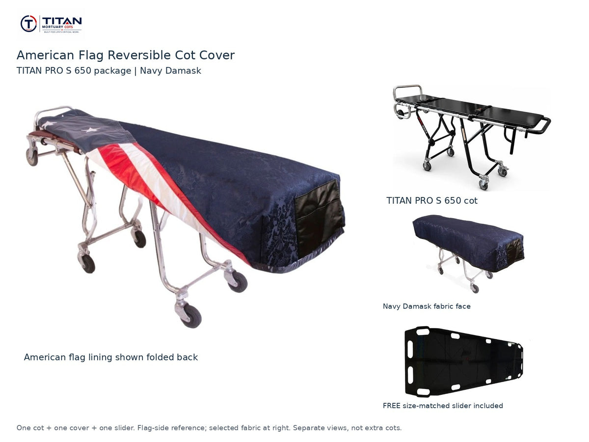 TITAN PRO S 650 cot package | American flag reversible cot cover | Navy Damask. Flag-side reference first and largest, selected fabric face at right, and free size-matched slider. One cot, one cover and one slider.