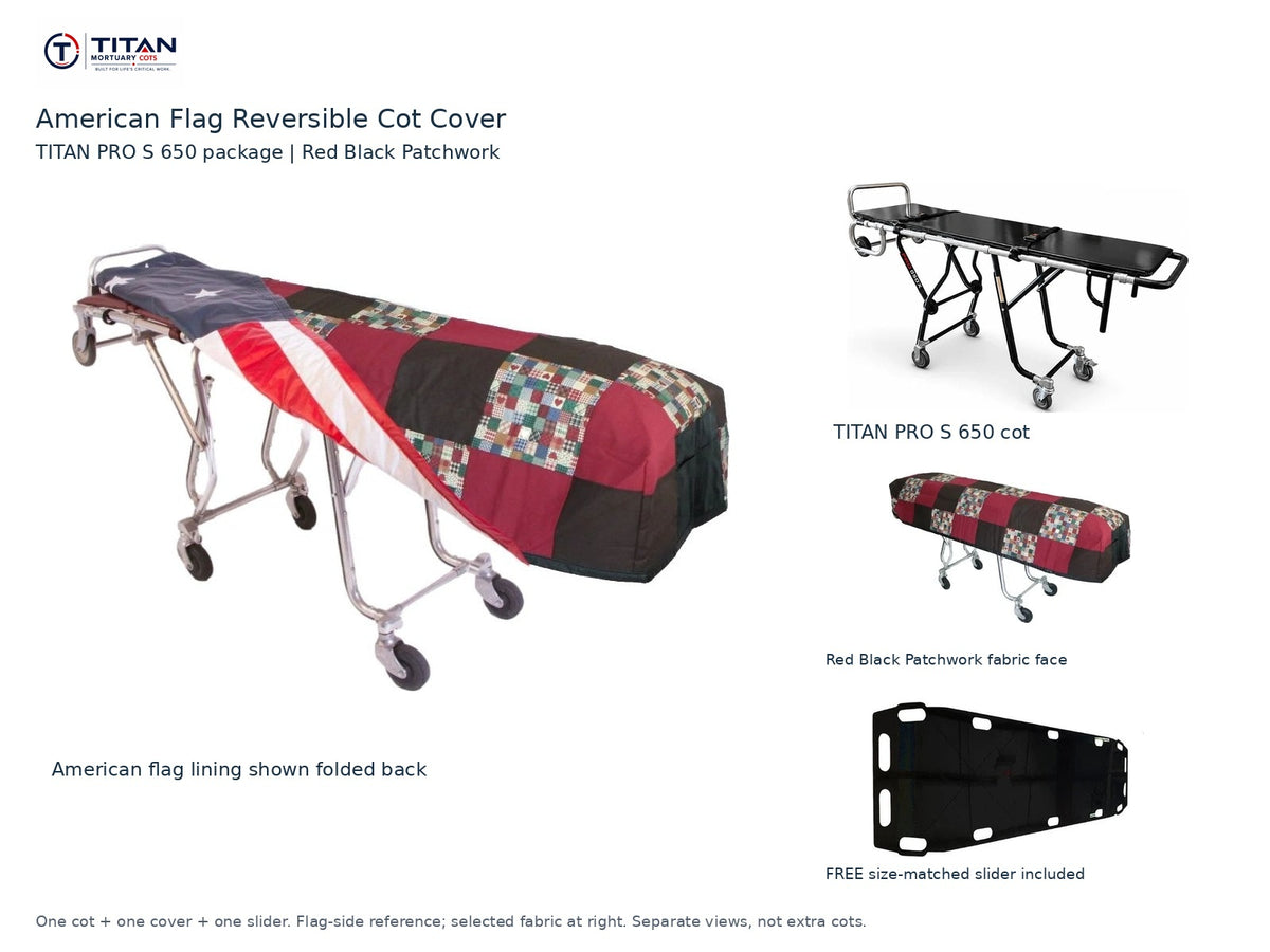 TITAN PRO S 650 cot package | American flag reversible cot cover | Red Black Patchwork. Flag-side reference first and largest, selected fabric face at right, and free size-matched slider. One cot, one cover and one slider.