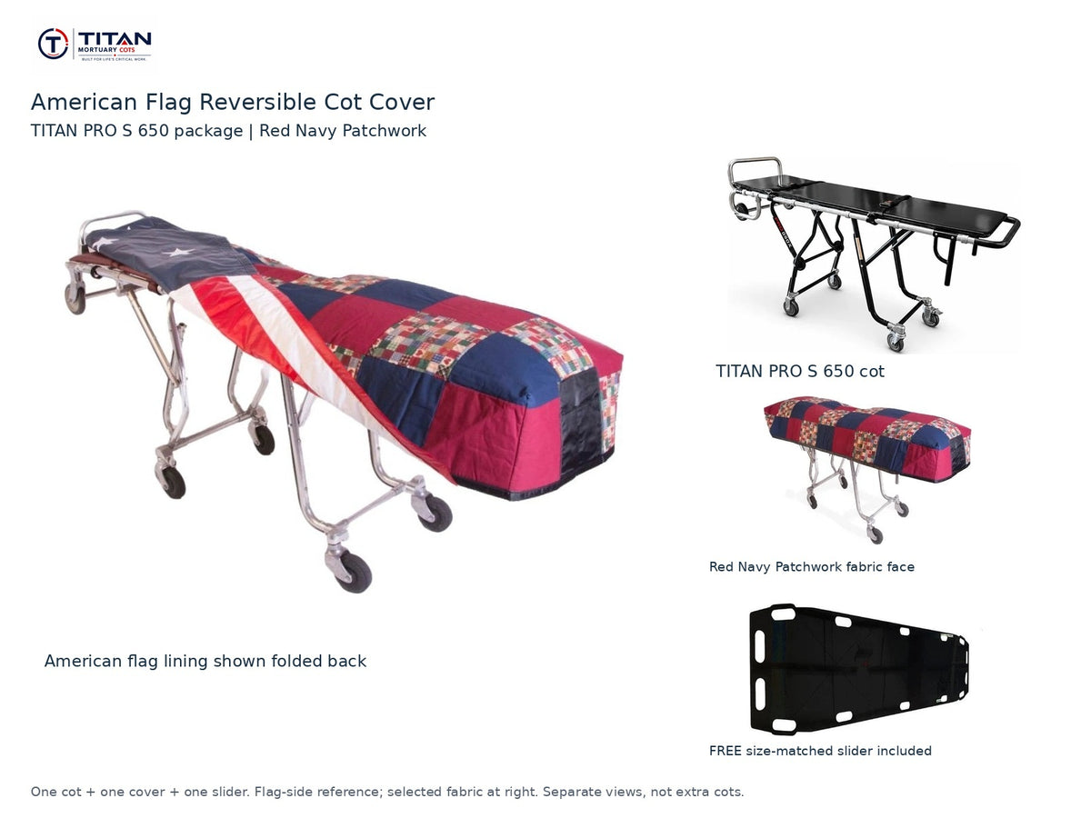 TITAN PRO S 650 cot package | American flag reversible cot cover | Red Navy Patchwork. Flag-side reference first and largest, selected fabric face at right, and free size-matched slider. One cot, one cover and one slider.