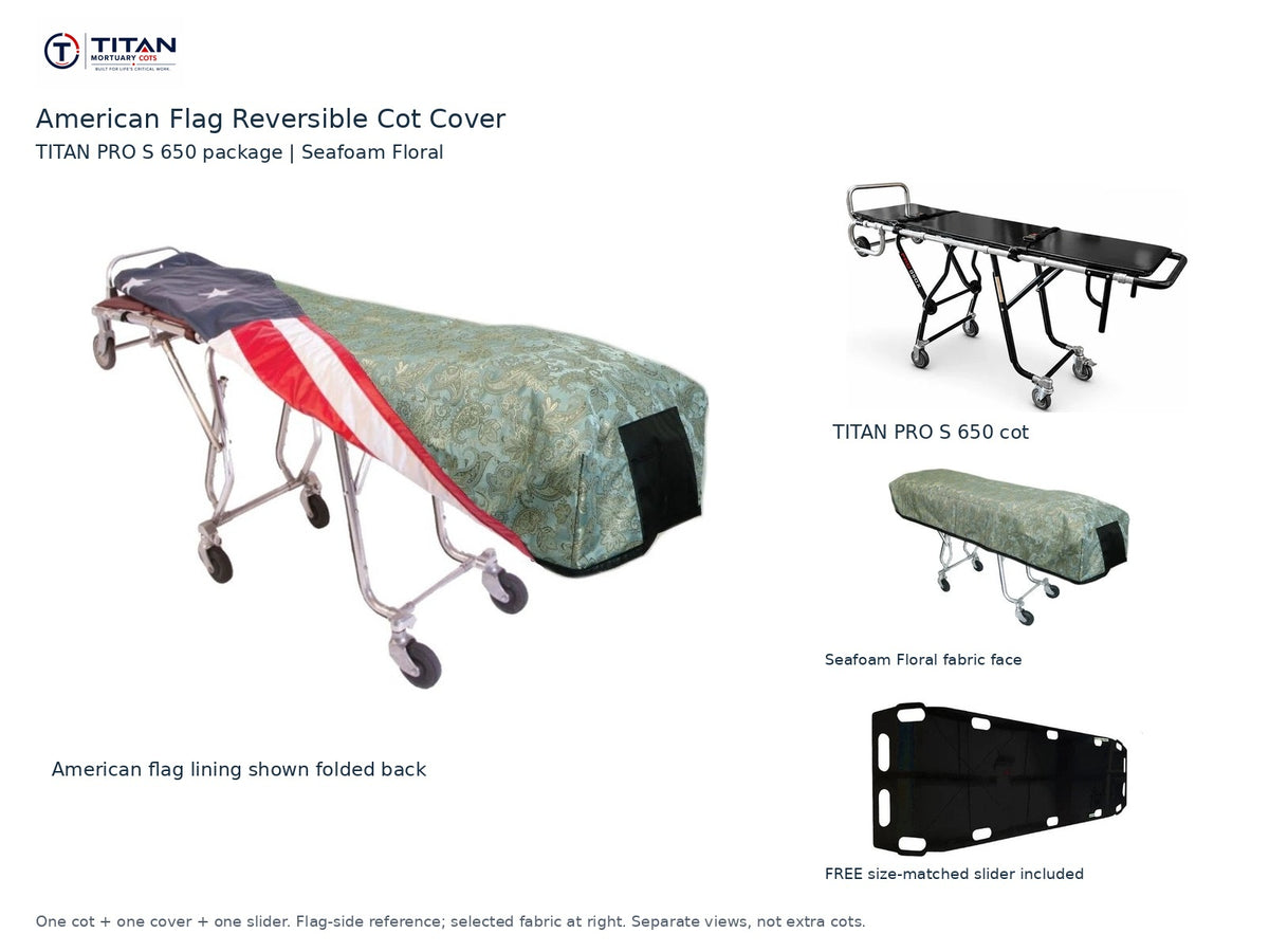 TITAN PRO S 650 cot package | American flag reversible cot cover | Seafoam Floral. Flag-side reference first and largest, selected fabric face at right, and free size-matched slider. One cot, one cover and one slider.